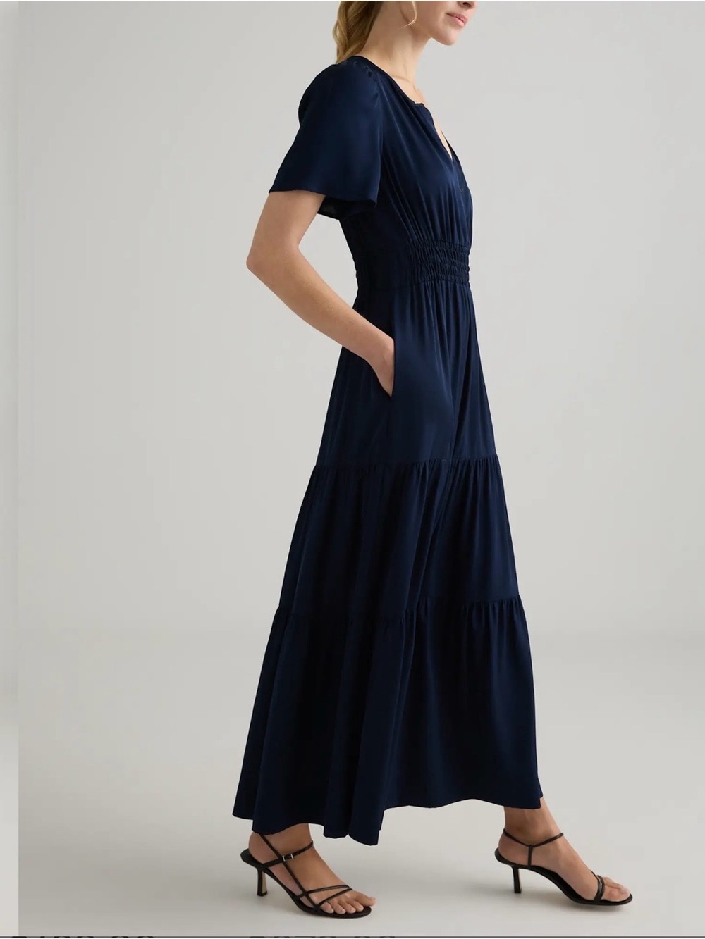 Quince Washable Stretch Silk Tiered Maxi Dress Navy Blue Large - Picture 2 of 14